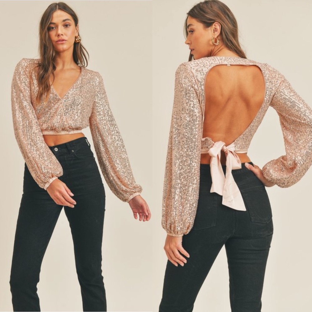 ✨ON SALE✨I’ve Got Your Back Rose Gold Sequin Backless Crop Top - Picture 3 of 4